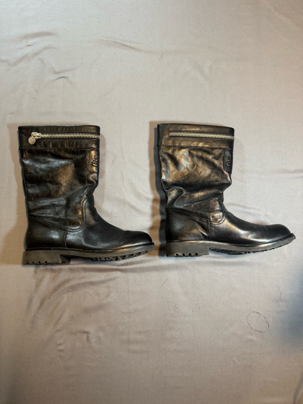 Coach Black Leather Mid-Calf Zip Ankle Boots Signature Logo Size 10